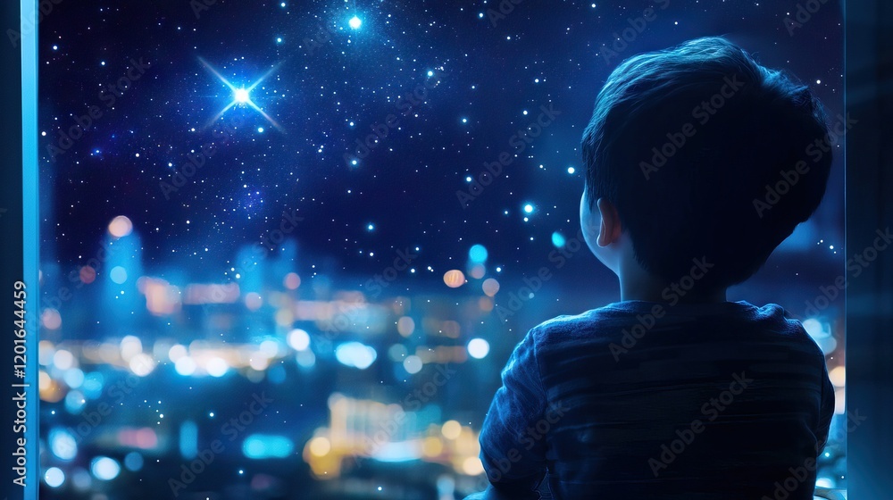 Fototapeta premium Child wonders at bright stars from urban window view