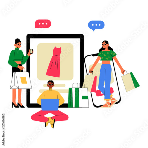 Group Shopping Online With Devices In Flat Vector Illustration Symbolizing E Commerce, Online Shopping, And Digital Retail, Isolated On White Background.