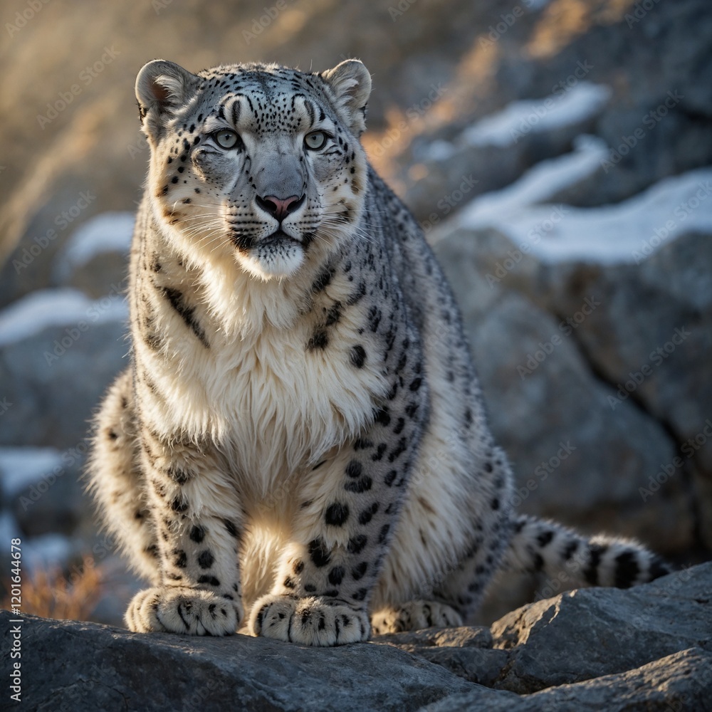A snow leopard basking in the sunlight on a snowy ridge with a mountain backdrop. A snow leopard basking in the sunlight on a snowy ridge with a mountain backdrop.