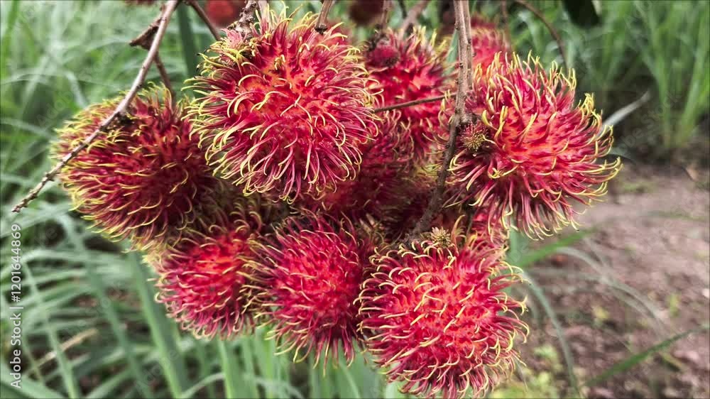 Rambutan Fruits on Tree Branch with Green Leaves in Natural Setting Rambutan Fruits on Tree Branch with Green Leaves in Natural Setting