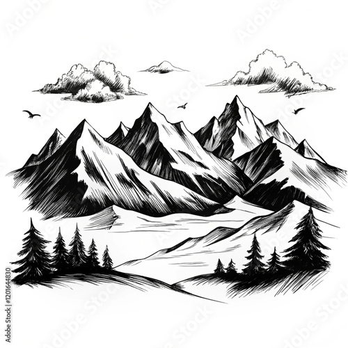 A black and white drawing of a mountain range with trees and mountains
