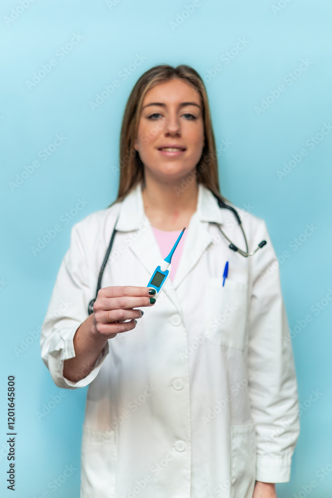 vertical Doctor showing digital thermometer on blue background vertical Doctor showing digital thermometer on blue background