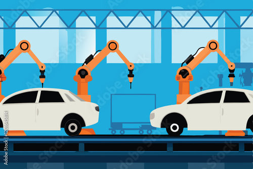 A detailed vector illustration of a modern car assembly plant showcasing robotic arms and automated production lines.