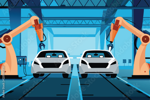 A detailed vector illustration of a bustling car assembly plant featuring multiple robots working in sync on various stages of car production.