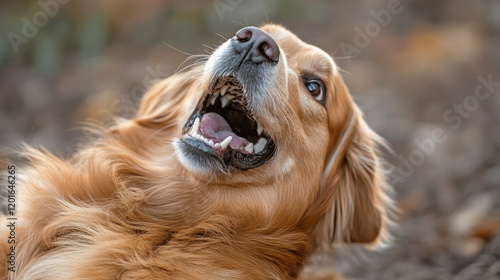 Golden Retriever Puppy's Joyful Yawn in Autumn photo