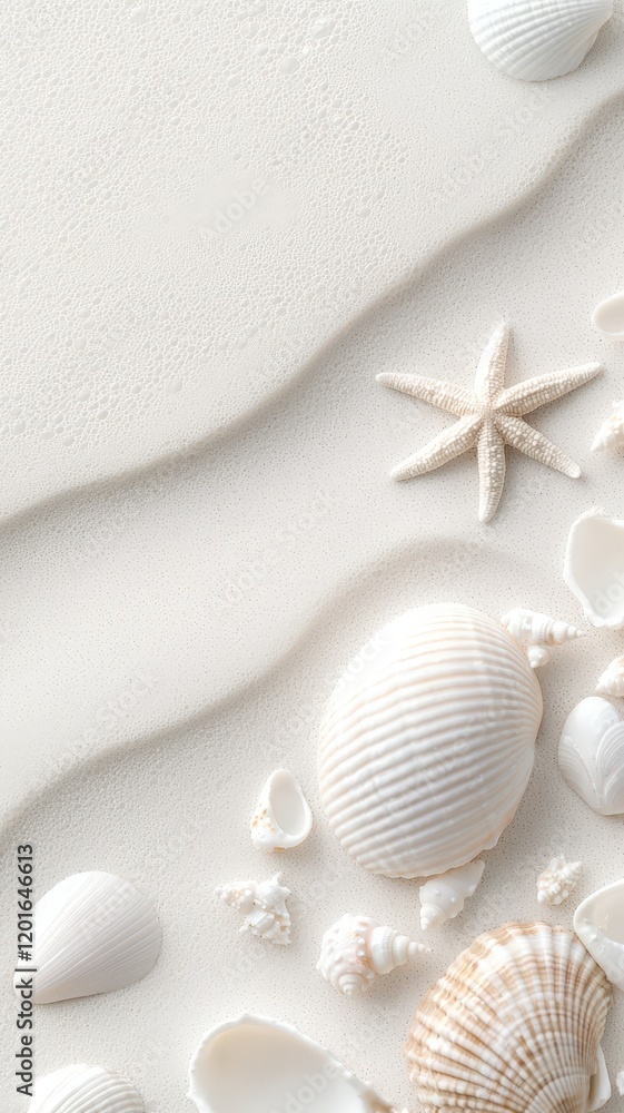 Soft wave gently washing white sand beach with top view seashells and starfishes creating a tranquil summer aesthetic seaside scene background Copy space for text Soft wave gently washing white sand beach with top view seashells and starfishes creating a tranquil summer aesthetic seaside scene background Copy space for text