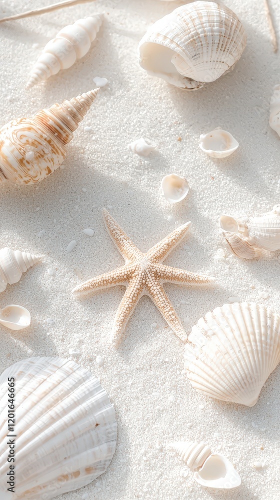 Soft wave gently washing white sand beach with seashells and starfish creating a tranquil summer seaside scene background Soft wave gently washing white sand beach with seashells and starfish creating a tranquil summer seaside scene background