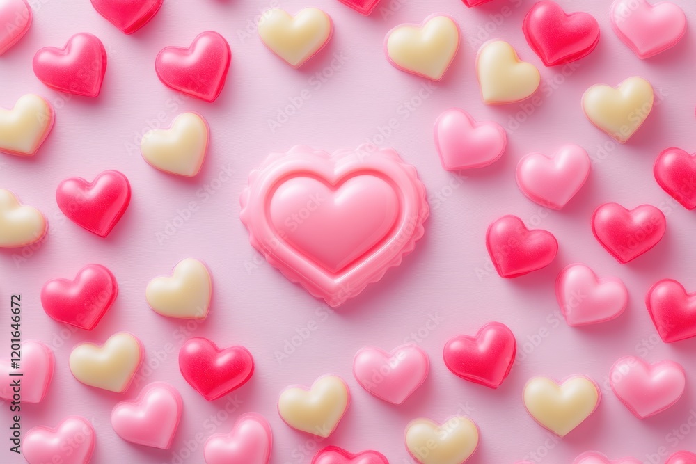 Fototapeta premium A vibrant heart-shaped candy glistens at the center, embraced by a flurry of smaller hearts, embodying the sweet essence of love and affection.