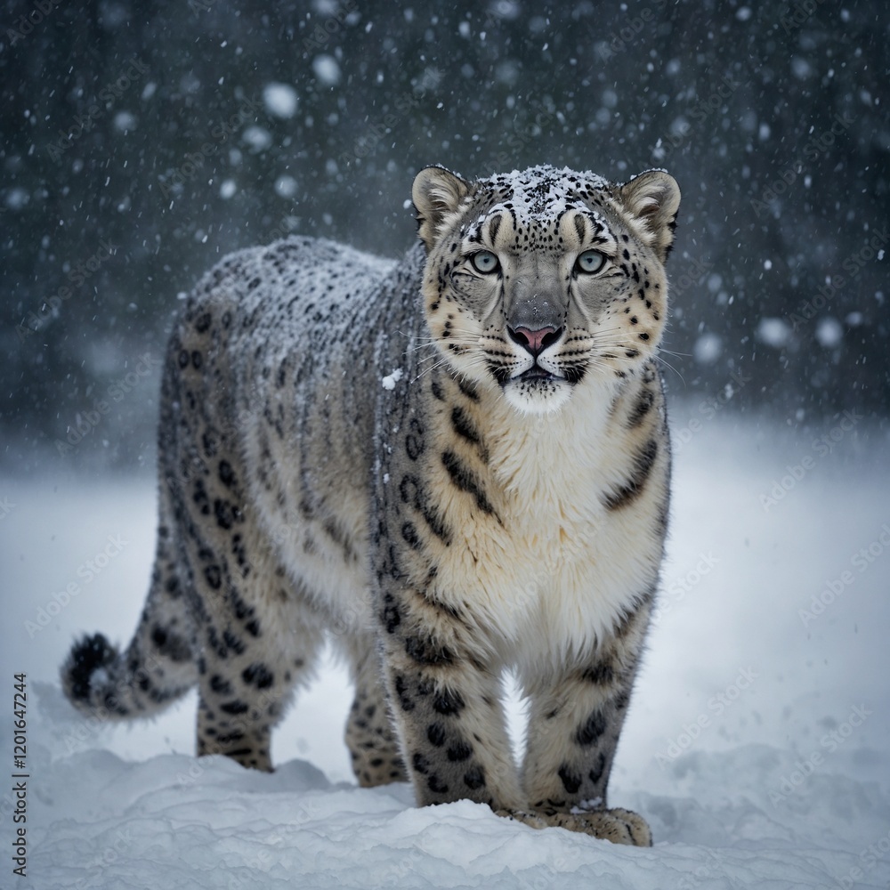 A snow leopard standing in the middle of a snowstorm, eyes glowing brightly. A snow leopard standing in the middle of a snowstorm, eyes glowing brightly.