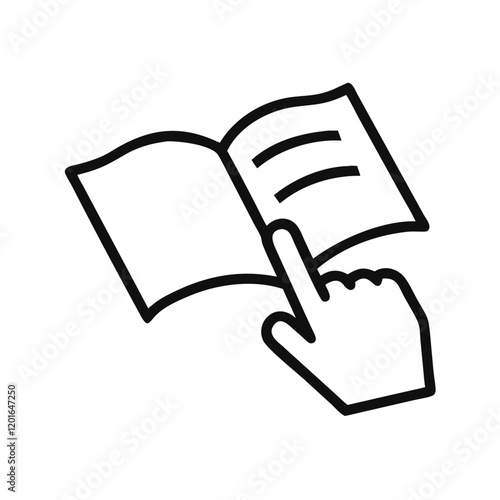 Hand flipping through book pages illustration in minimalistic style, vector design