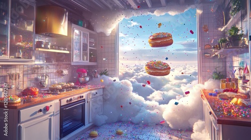 Magical Kitchen in the Clouds with Levitating Pastries and Sprinkles