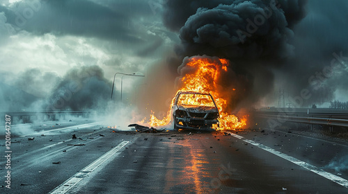 A car is on fire on a road with a lot of smoke. The car is in the middle of the road and has a lot of debris around it. The scene is chaotic and dangerous