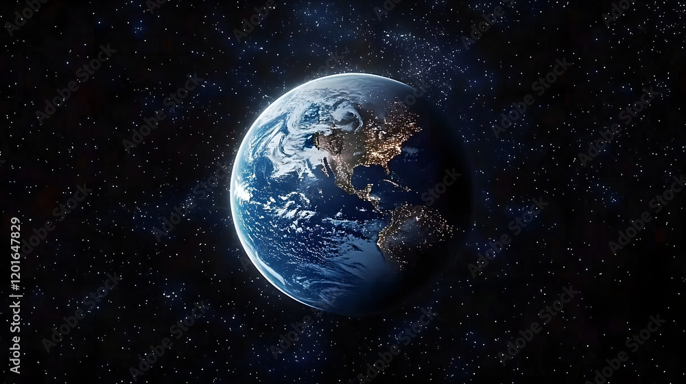 Fototapeta premium A view of the Earth from space at night, showing city lights and stars