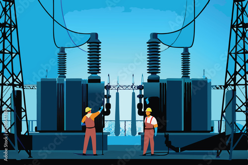 A detailed vector illustration of a modern power station, showcasing its intricate machinery, including electric generators, cooling towers, and transmission lines.