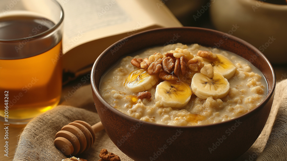 A close-up of a bowl of creamy oatmeal topped with nuts, honey, and banana slices, sitting next to an open book and a warm cup of tea, creating a cozy, comforting breakfast setting. A close-up of a bowl of creamy oatmeal topped with nuts, honey, and banana slices, sitting next to an open book and a warm cup of tea, creating a cozy, comforting breakfast setting.