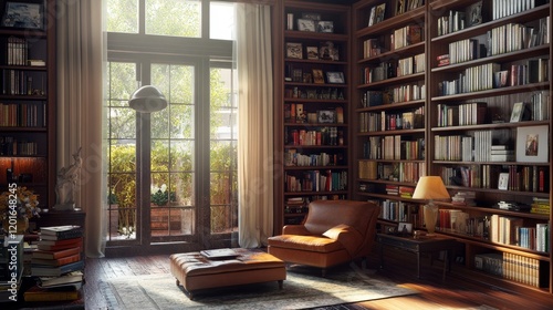 Wallpaper Mural Sunlit Library Room with Bookshelves and Armchair Torontodigital.ca