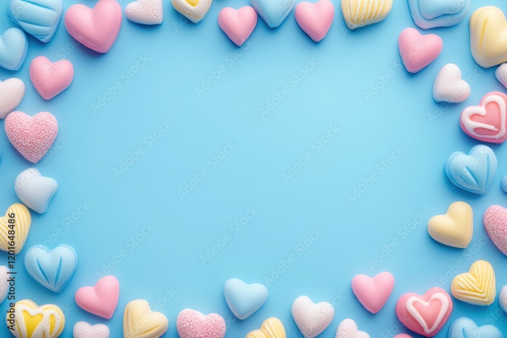 A vibrant blue canvas adorned with an abundance of colorful candy hearts, radiating love and sweetness, perfect for Valentine's Day celebrations. A vibrant blue canvas adorned with an abundance of colorful candy hearts, radiating love and sweetness, perfect for Valentine's Day celebrations.