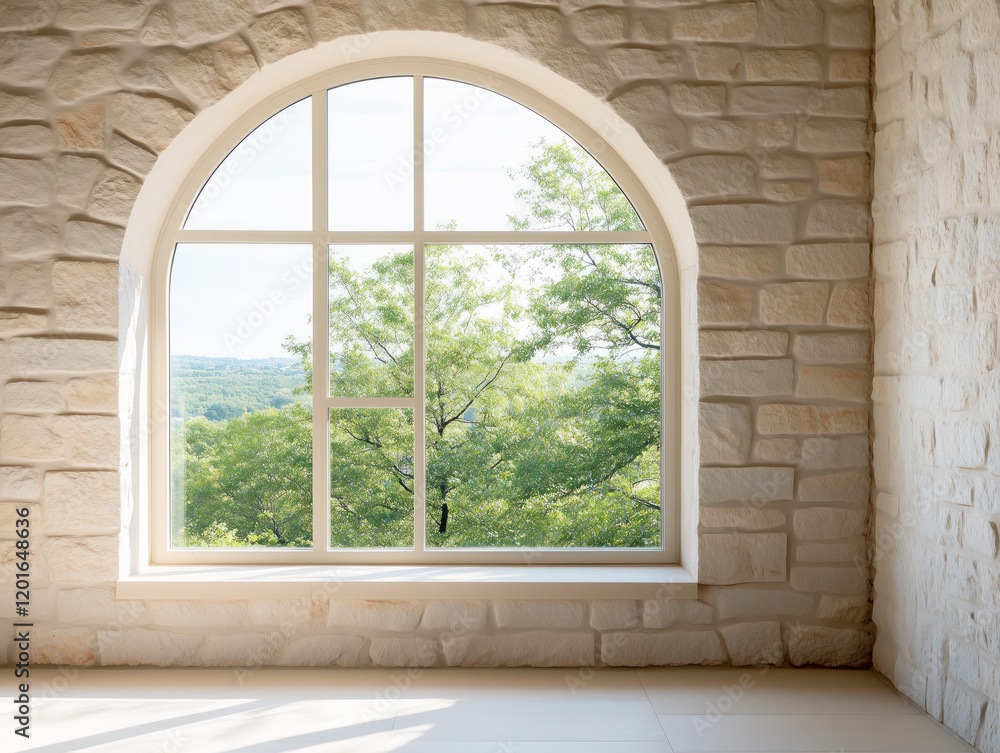 Obraz premium Arched Window with Stone Wall Overlooking Lush Green Landscape