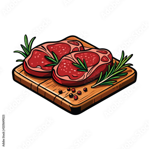 Create a vector illustration of two raw beef steaks, ideally ribeye, on a wooden cutting board. The steaks should be arranged side by side, with visible marbling and a realistic texture.