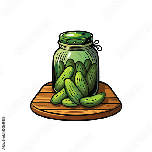 A vector illustration of a glass jar filled with green pickles, with a few pickles spilling out onto a white background.