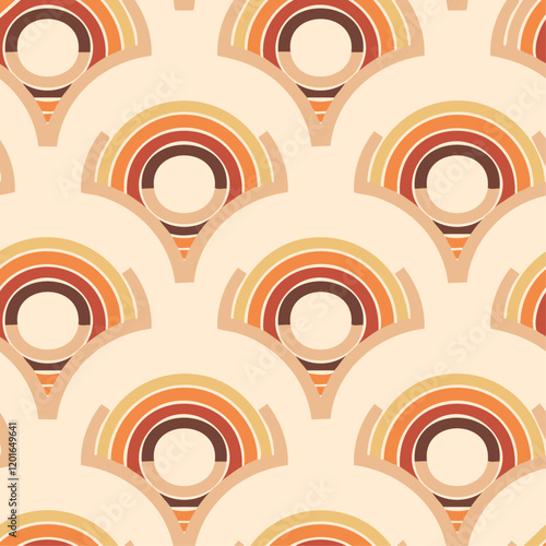 The image is a seamless pattern with a repeating design. The background is a light beige color and the pattern is made up of multiple overlapping circles in different shades of orange, red, and brown