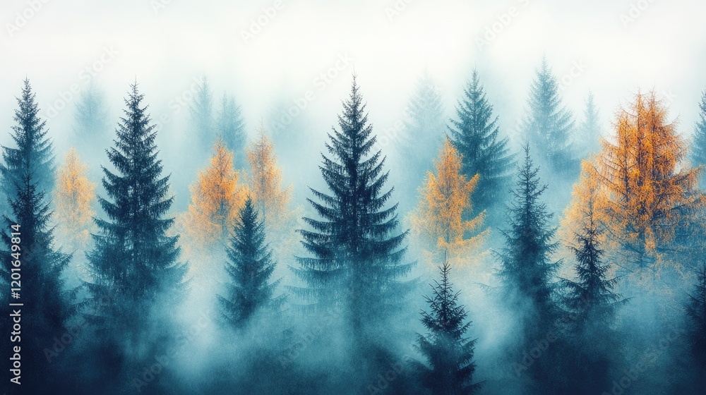 Obraz premium Misty autumn forest, golden larches, tranquil scene, nature background