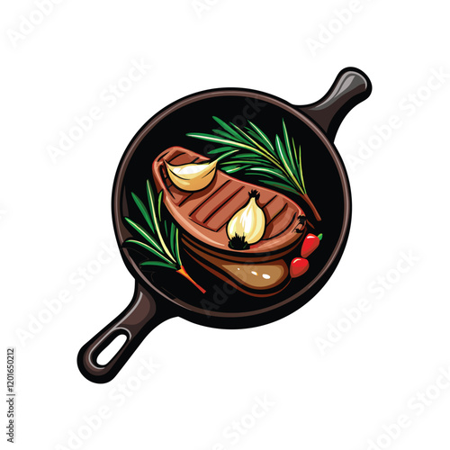 A detailed vector illustration of a juicy steak sizzling in a hot cast iron skillet, smoke rising from the surface.