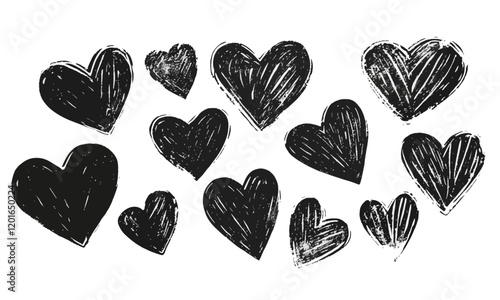heart linocut black and white different heart shapes, grunge style, hand drawn, doodle, charcoal, crayon, love, valentine
