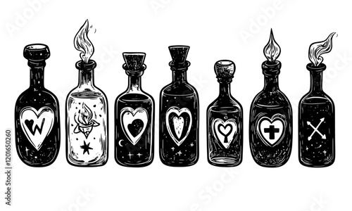 love potion linocut black and white vector isolated on transparent background, saint valentine, cartoon