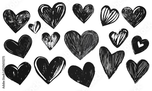 heart linocut black and white different heart shapes, grunge style, hand drawn, doodle, charcoal, crayon, love, valentine