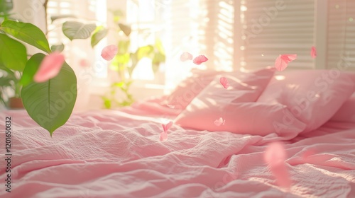 A serene bedroom featuring a wooden bed with beige and gray pillows and a white duvet. photo