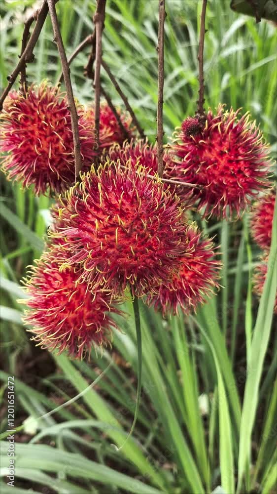 Rambutan Fruits on Tree Branch with Green Leaves in Natural Setting