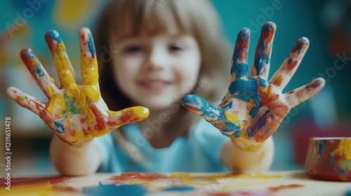 Child joyfully showcasing colorful painted hands while engaging in an art activity indoors with vibrant background