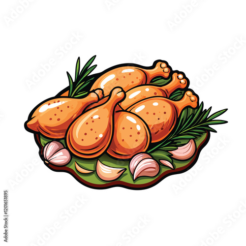 A vector illustration depicting raw chicken thighs in a marinade. Show the marinade as a liquid surrounding the chicken.