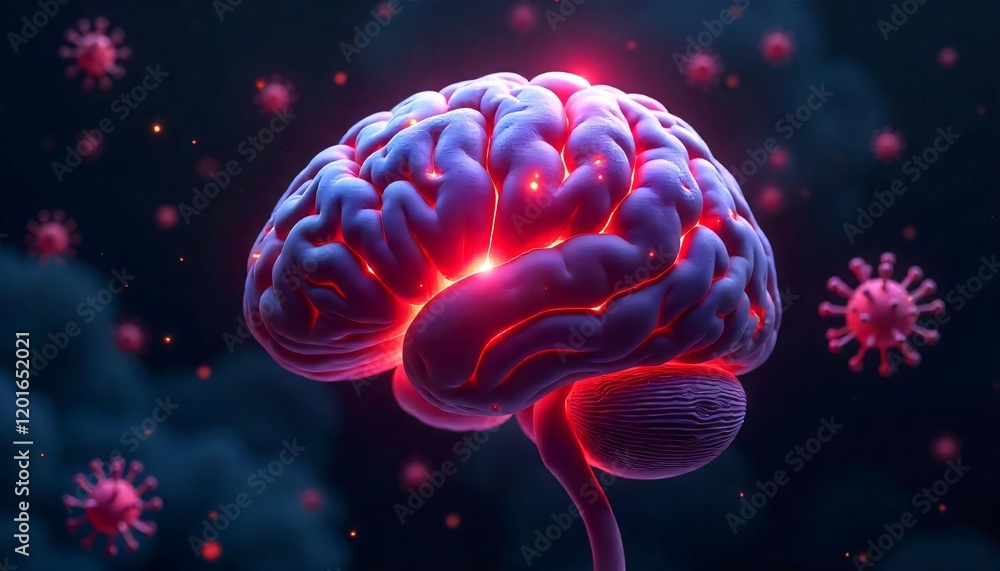 3D Render of Human Brain Illuminated Virus Particles Nearby Neurological Health 3D Render of Human Brain Illuminated Virus Particles Nearby Neurological Health