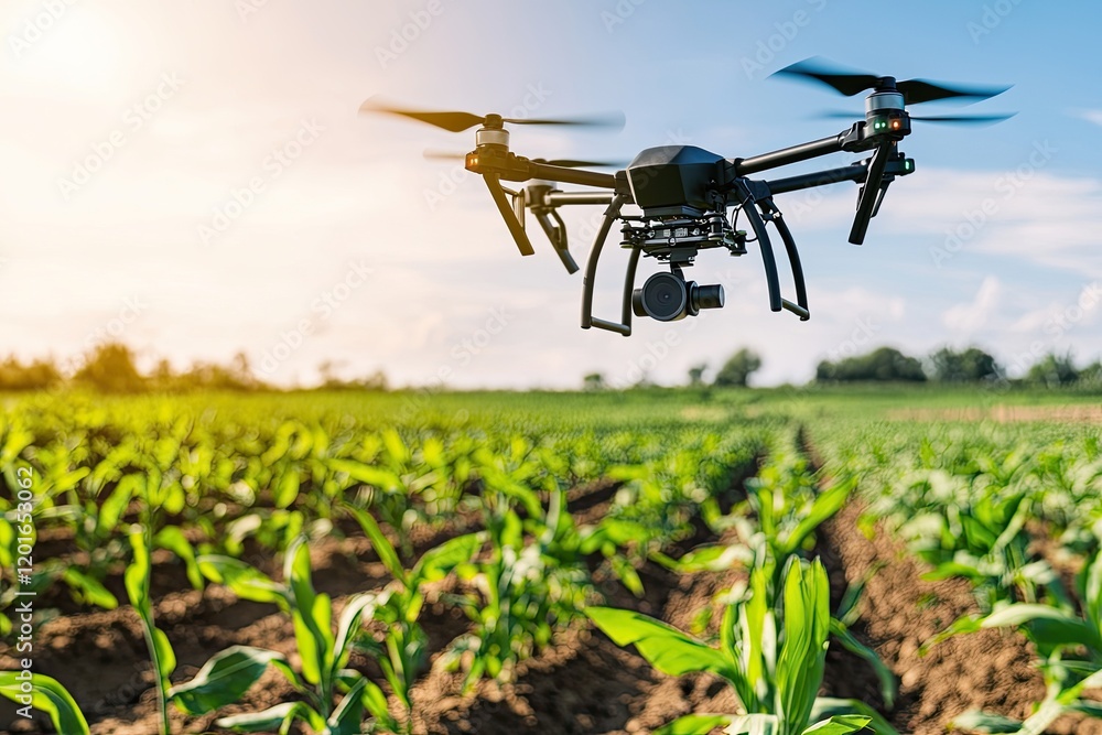 Innovative agricultural field utilizing IoT sensors for crop monitoring, highlighting sustainable technology Innovative agricultural field utilizing IoT sensors for crop monitoring, highlighting sustainable technology