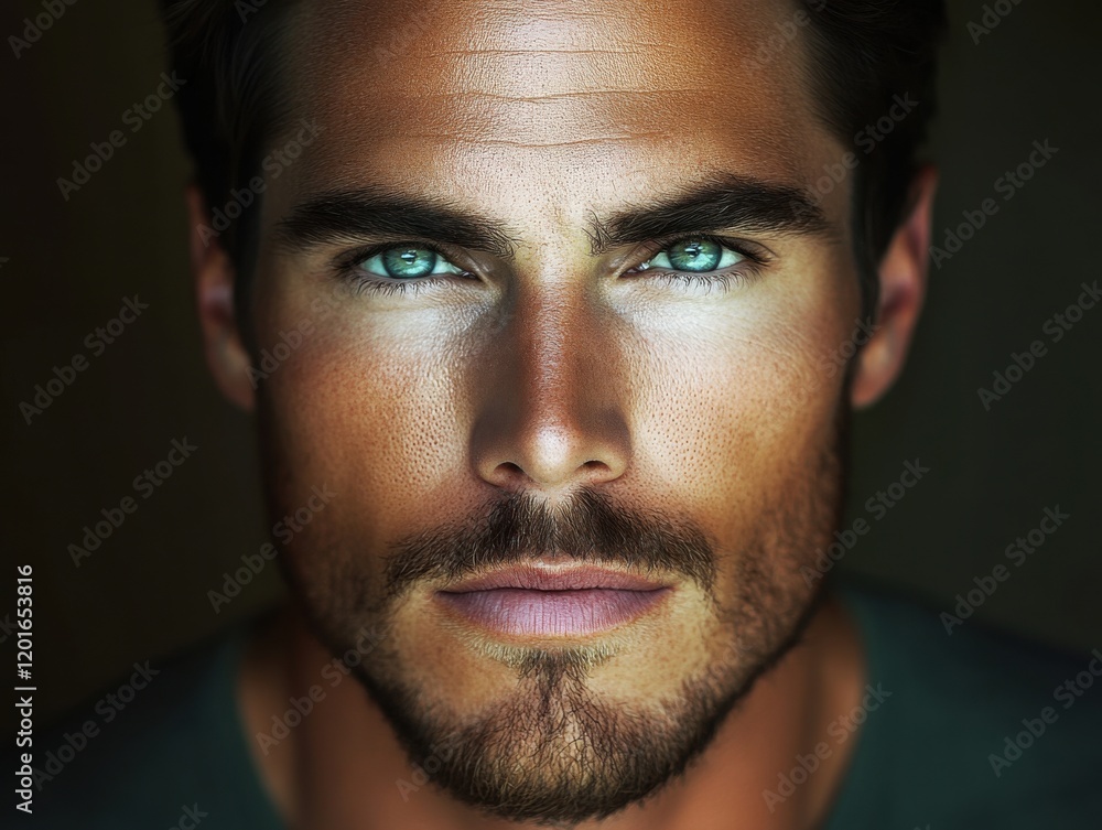 Fototapeta premium Intense close-up of a man with striking blue eyes and defined facial features in soft lighting revealing a captivating expression