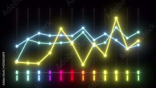 looping glowing linear graph with three colored lines and jumping points, deep glow, alpha background photo