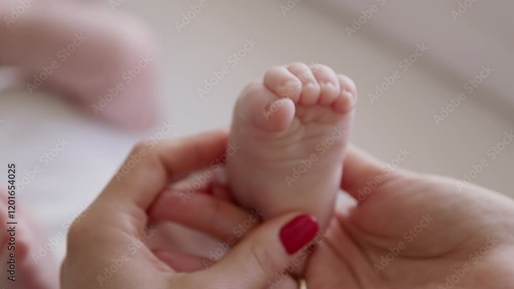 Close-up of a young mother's hands massaging a baby's foot. Newborn care routine at home. The baby spreads its toes on its own when touched by the mother. Newborn care products concept Close-up of a young mother's hands massaging a baby's foot. Newborn care routine at home. The baby spreads its toes on its own when touched by the mother. Newborn care products concept