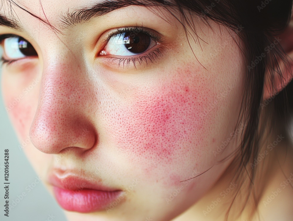 Naklejka premium Young woman with redness on her cheeks looking directly at the camera while showcasing a natural, unfiltered expression in soft lighting