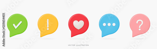 3D Speech bubble icon set in different colours with check, examination, question marks and heart. Social media message and communication. Cartoon design icons isolated on white. 3D Vector illustration