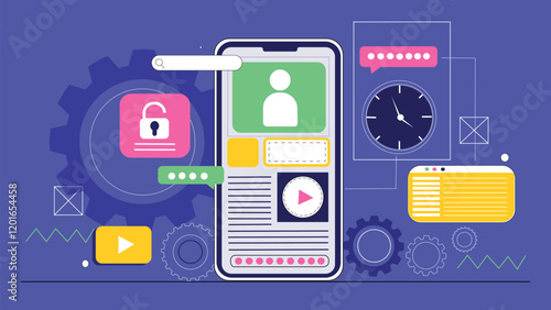 App Development Concept Mobile UI with Gears and Lock Illustration A mobile screen showing UI elements, surrounded by gears and a lock icon, symbolizing app development with security features.