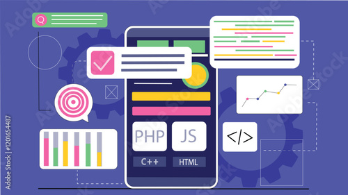 App Development Illustration Concept with Code Snippets and Data Charts A laptop displaying a mix of code snippets and graphs, with developers collaborating in the background.