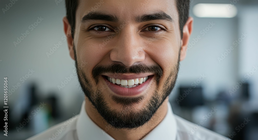 Smiling young caucasian male in office environment with beard and white shirt Smiling young caucasian male in office environment with beard and white shirt
