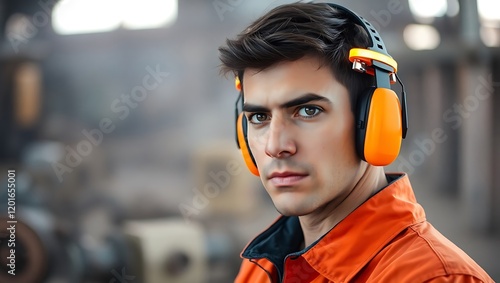 Worker Wearing Earmuffs in a Noisy Environment photo