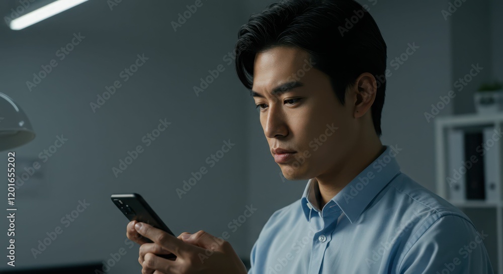 Young asian male in office setting using smartphone with focused expression Young asian male in office setting using smartphone with focused expression