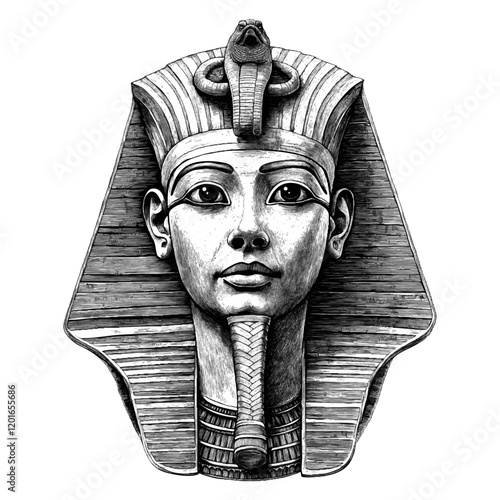 Pharaoh Mask Engraving, Black and White Ancient Egyptian Illustration with Detailed Headdress, isolated with transparent background