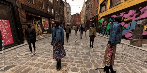 Fashion Mannequins Displayed on a Cobblestone Street with Vibrant Urban Art Background photo