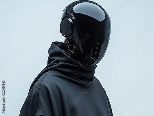 Futuristic humanoid robot in a sleek black cloak poses against a minimalistic backdrop showcasing advanced technology and design aesthetics in a modern studio setting photo