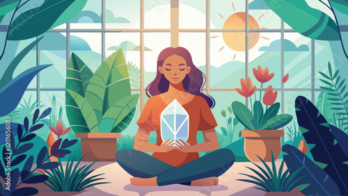 Meditative serenity with woman in peaceful indoor garden setting